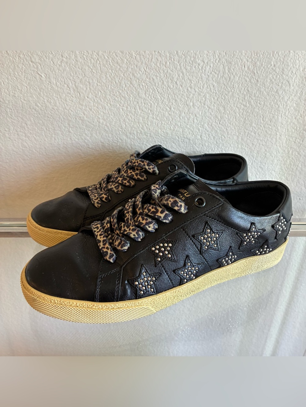 Saint Laurent 37.5 Black Leather Studded Star Sneakers Leopard Laces